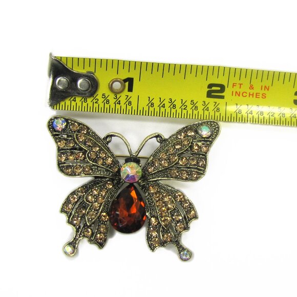 Butterfly brooch pin with brown crystals vintage look design in antique gold - Picture 6 of 8
